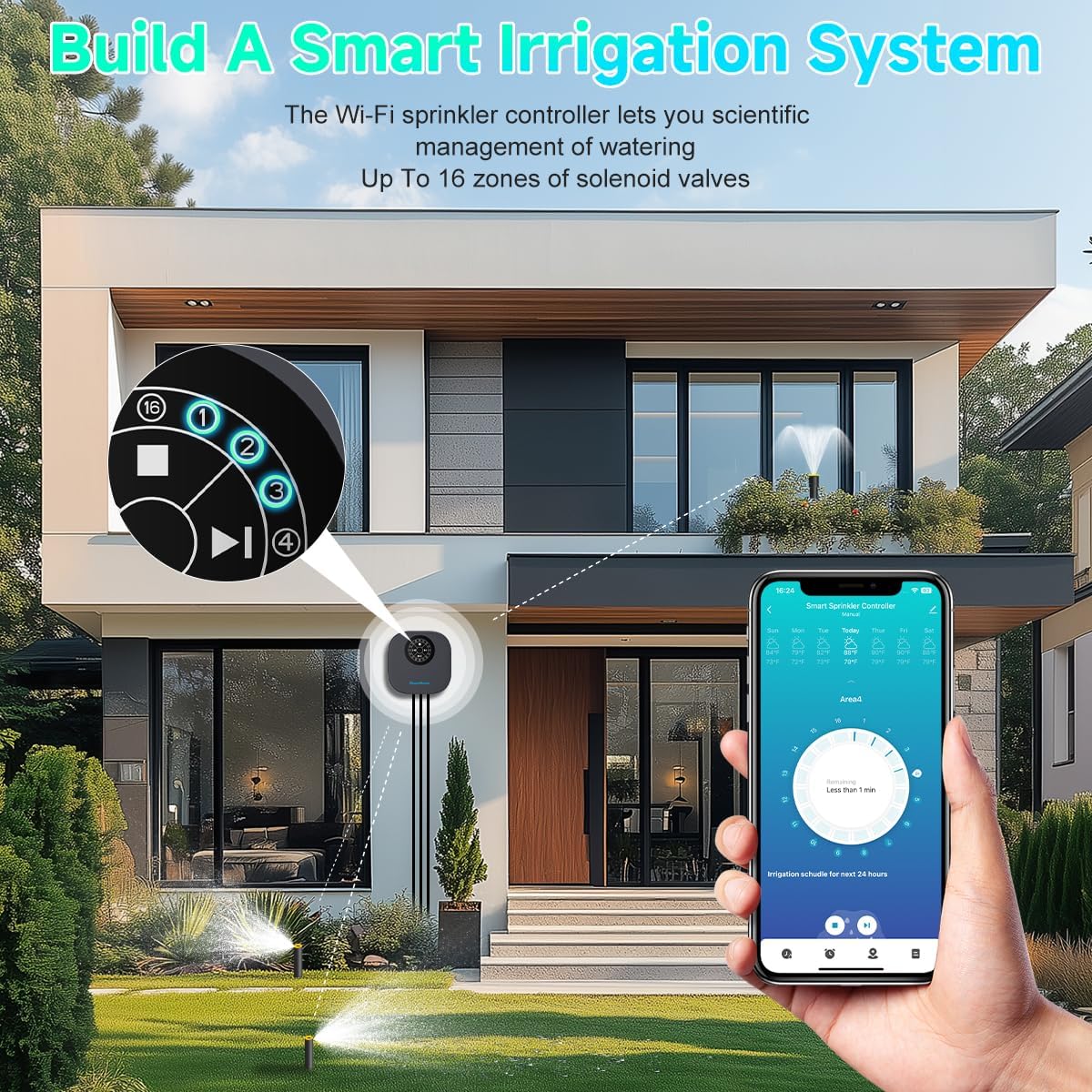 Smart Sprinkler Controller, 16-Zone/Station Irrigation System with APP Remote Control, GreenVation 2.4G/5GHz WiFi Water Timer for Outdoor Garden/Yard/Lawns