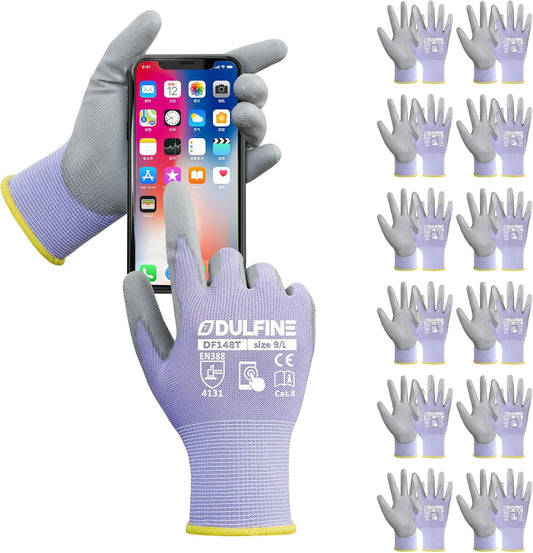 DULFINE Work Gloves for Men PU Coated 12 Pairs Bulk Pack,Purple Seamless Knit Glove with thin Polyurethane,Two Finger Touchscreen, for Men and Women, Ideal for Light Duty Work. (Extra Large)