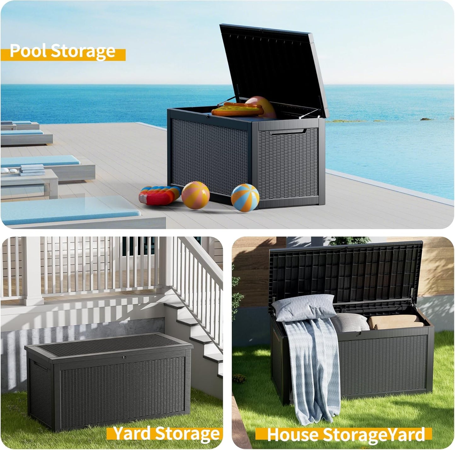 320 Gallon Waterproof Large Resin Deck Box Indoor/Outdoor Lockable Storage Container and Seating for Garden, Pool, and Patio (320 Gallon, Black)