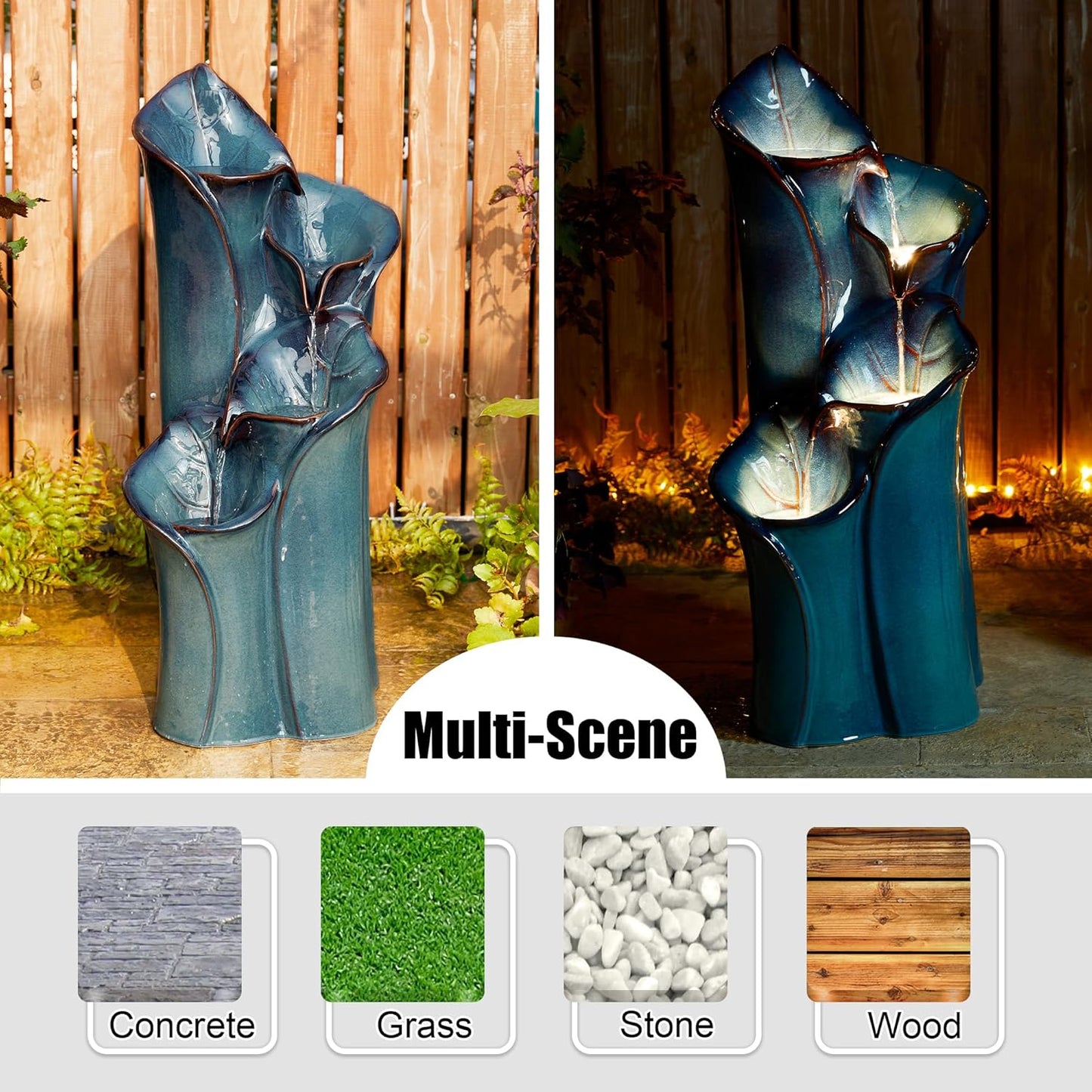 Glitzhome 31.25" H Outdoor Water Fountain with LED Lights and Pump, 4 Tier Turquoise Lotus Leaf Textured Ceramic Floor Standing Fountain, Vase Waterfall Fountains for Porch Deck Garden Patio Backyard