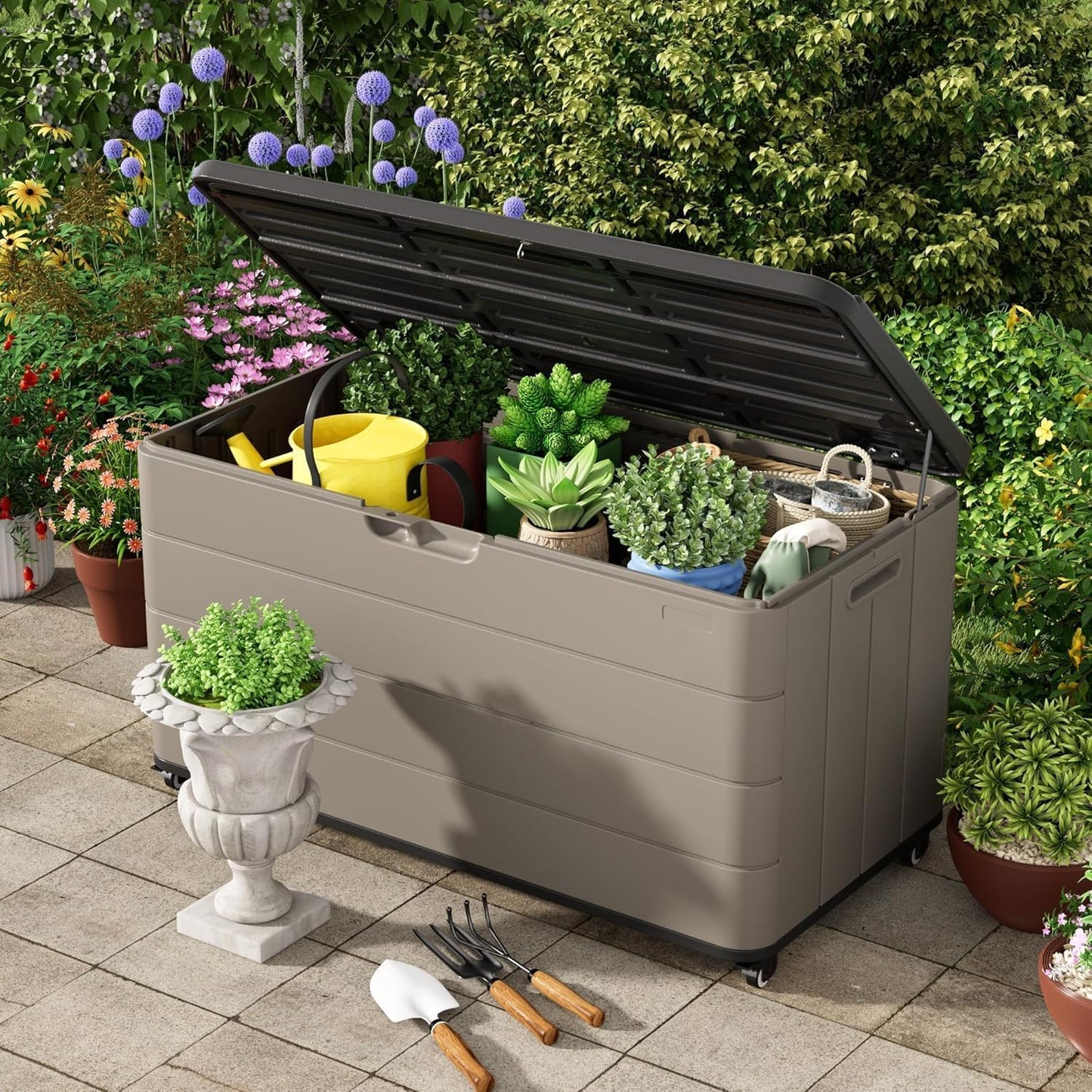 100GAL Brown Wicker-Textured Deck Box with Wheels – Lockable, Waterproof, UV-Resistant, Spacious Storage for Patio & Garden Supplies, Easy Handling