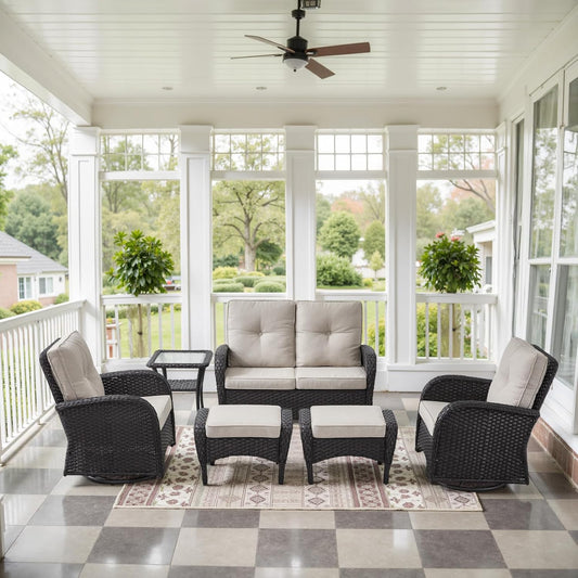 6 Pieces Wicker Patio Conversation Sets with Outdoor Swivel Rocker Chairs and Loveseat Glider Chair, All-Weather Rattan Furniture Set for Deck Patio Sunroom Backyard Black