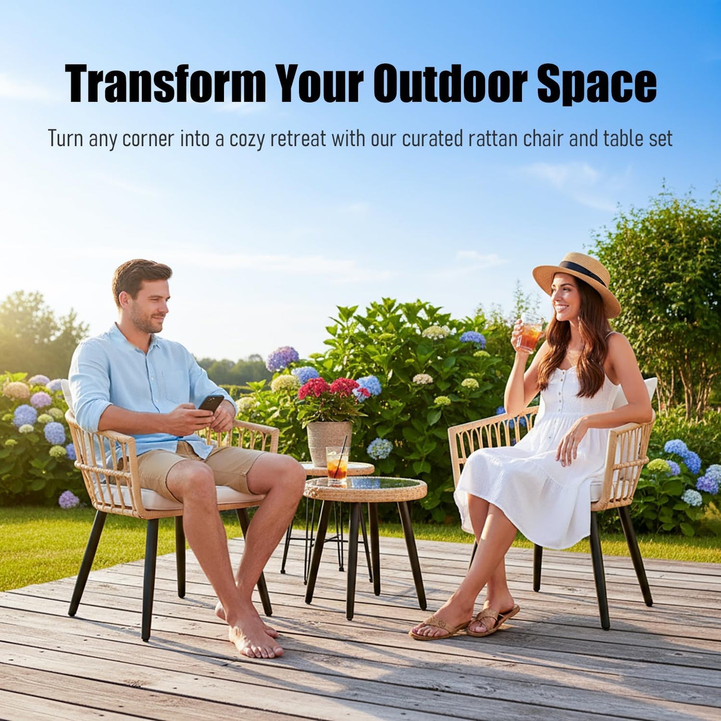 3 Pieces Patio Bistro Set, Outdoor Wicker Table and Chairs Set of 2, Rattan Balcony Furniture Set with Cushions for Front Porch Apartment Backyard Deck