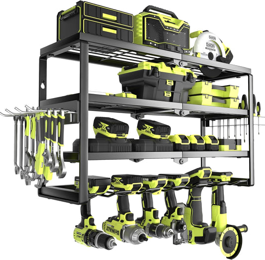 4 Layer Power Tool Organizer Wall Mount, Battery Tools Holder with Charging Station Shelf, Cordless Drill Hanger Storage Rack for Garage Organization, Workshop, Pegboard - 24 Inch 6 Slots