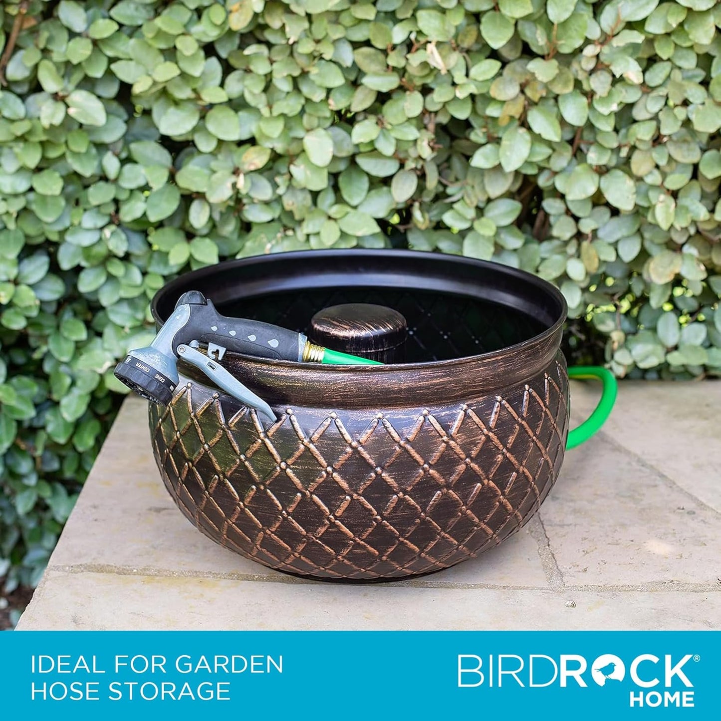 BIRDROCK HOME Water Hose Holder - Decorative Metal Pot, Indoor or Outdoor, Garden Storage Organizer, Patio Portable Bucket - Embossed Steel w/ Copper Accents, Holds up to 100ft Hoses, Medium No Lid