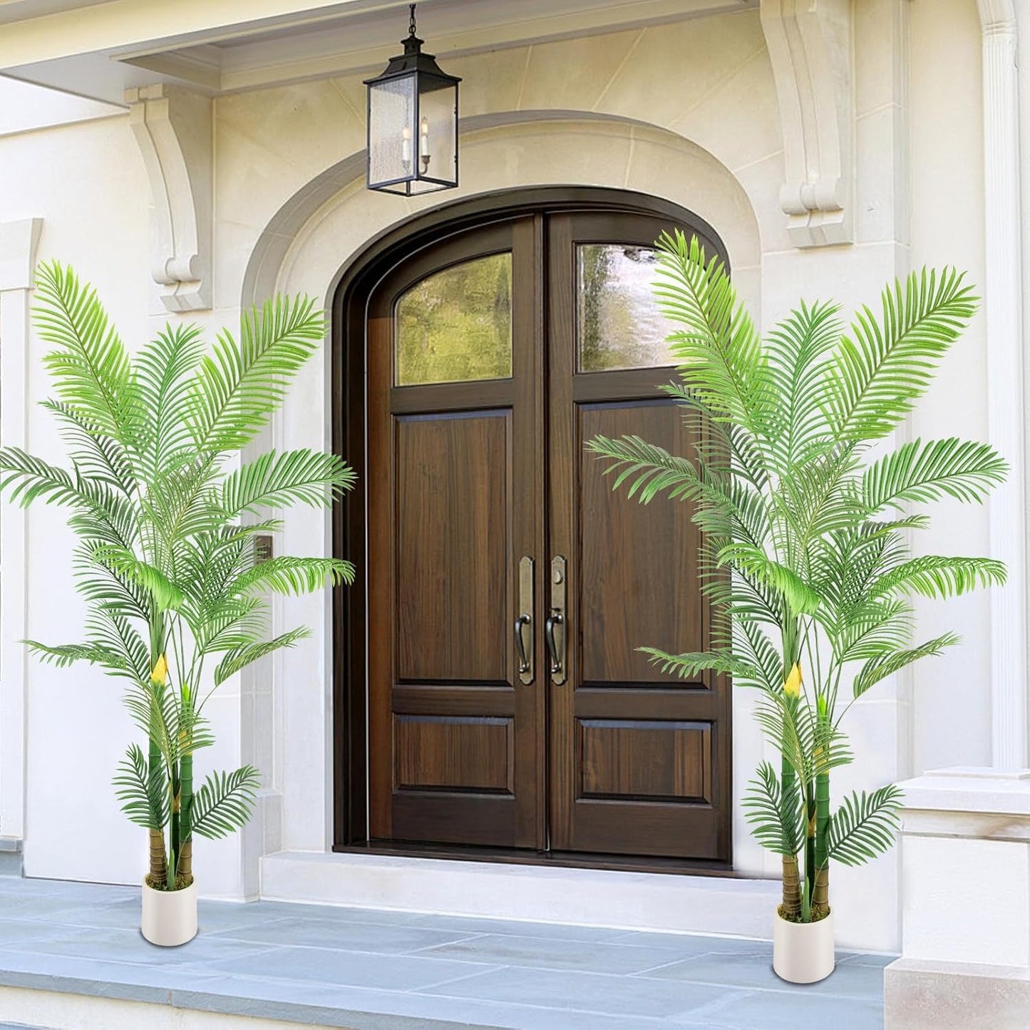 Artificial Fake Palm Tree 9FT 2Pack with White Planter & Free Moss, UV Resistant Artificial Palm Tree for Outdoors, Fake Plants for Poolside Home Room Decor, Faux Plants Outdoor Decor