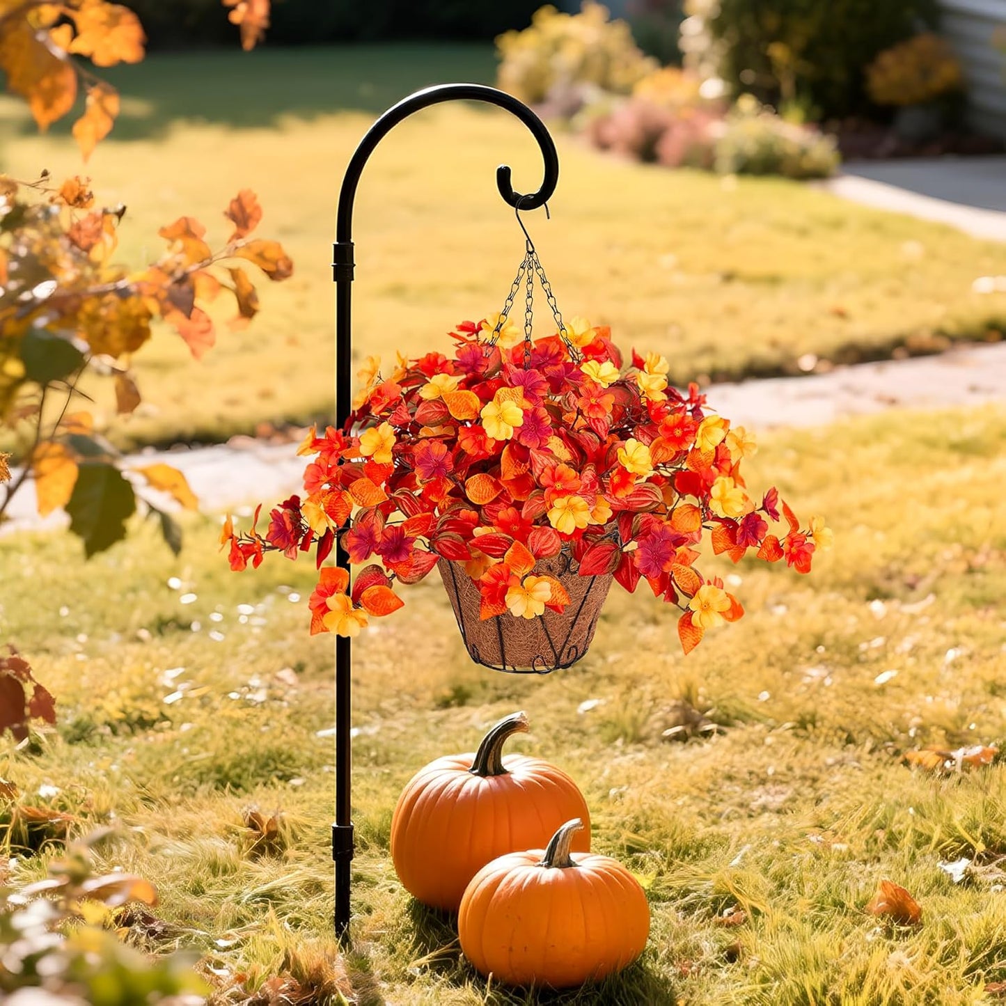 Hanging Artificial Fall Flowers Basket for Outdoors Outside 3PCS Fake Plants Faux Orange Fall Flowers for Outdoors Planters UV Resistant Silk Flowers for Home Porch Patio Garden Autumn Decoration