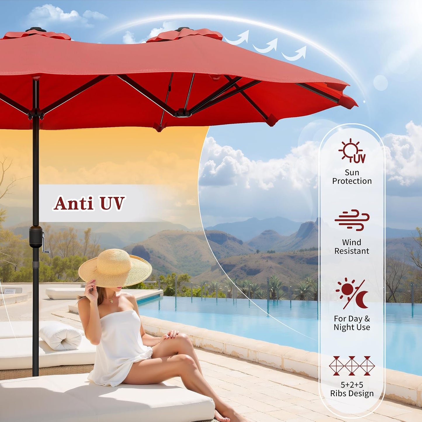 Vongrasig 15FT Large Patio Umbrella with Base Included, Outdoor Double sided Umbrellas with Crank Handle, Rectangle Table Umbrella for Pool Lawn Garden Market