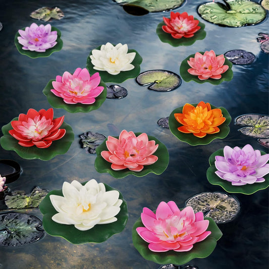 Happy Trees 12 Pcs Artificial Floating Foam Lotus Flower with Water Lily Pad, Lifelike Ornanment Home Garden Pond Decor Indian Decorations Return Gifts