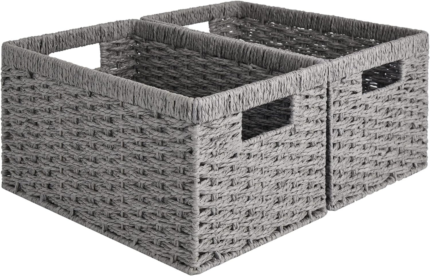 StorageWorks Round Paper Rope Storage Baskets, Rectangular Wicker Baskets with Built-in Handles, Gray, 2-Pack