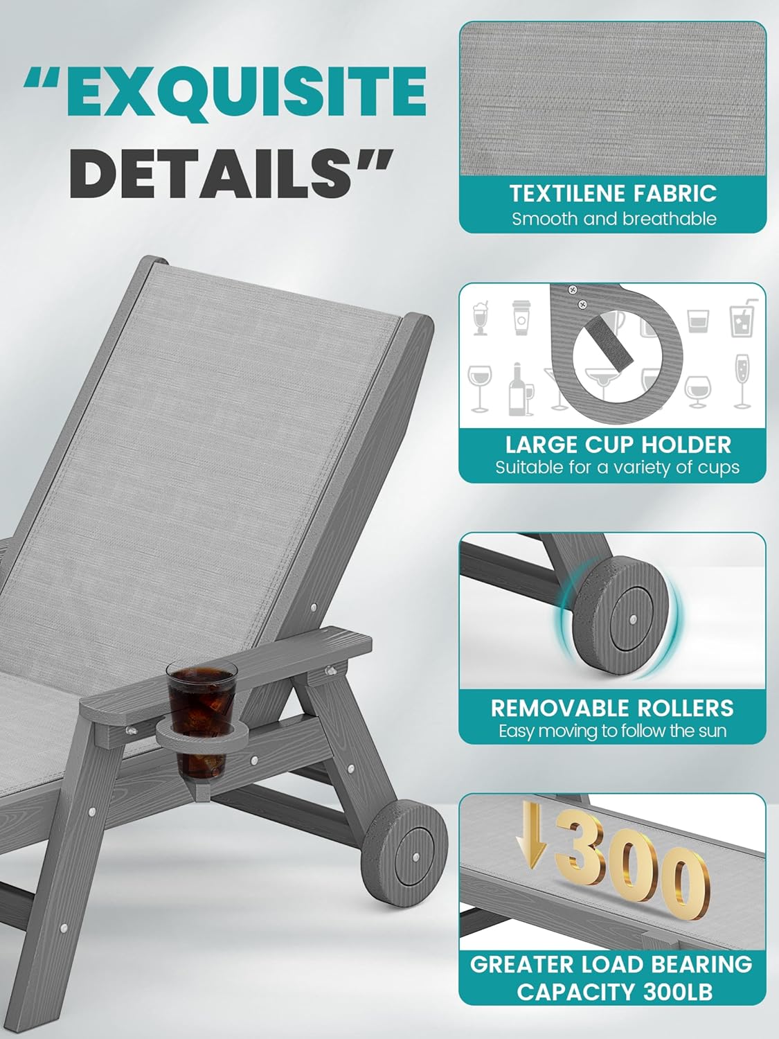 SERWALL Patio Chaise with 5 Positions - Textilene Outdoor Lounge Chair, Rolling Wheels - Poolside, Deck, Grey