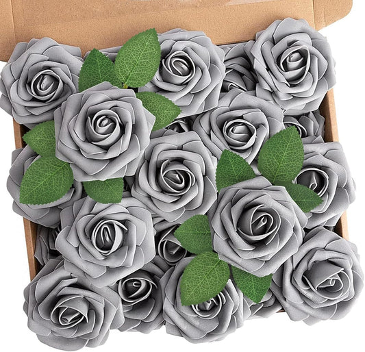 N&T NIETING Artificial Rose, 50pcs Gray Fake Foam Flowers with Stems for Wedding Party Baby Shower Cake Decoration, Home Display