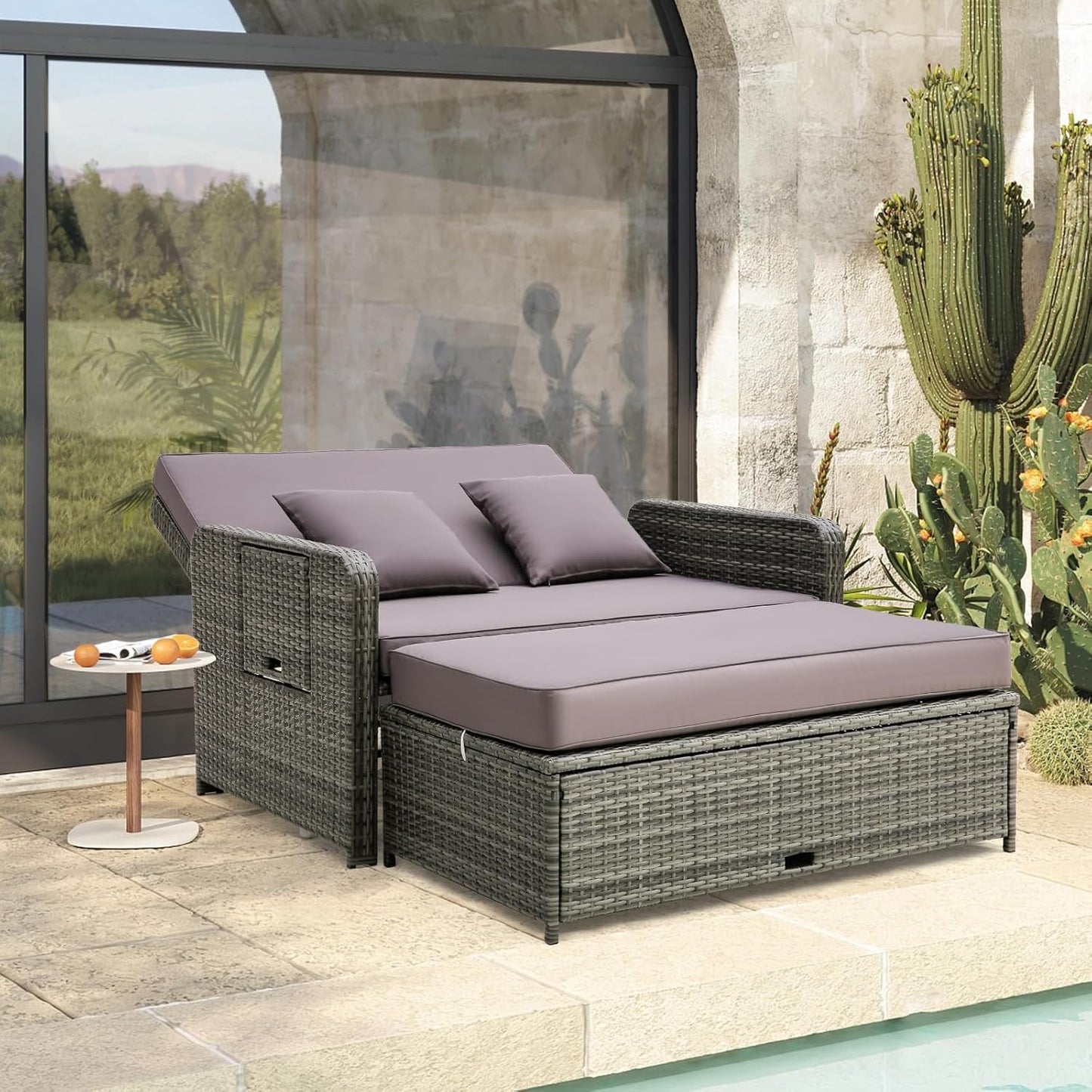 Tangkula Patio Rattan Daybed Set, Wicker Loveseat Sofa w/Multipurpose Ottoman & Retractable Side Tray, 4-Level Adjustable Backrest, Footstool w/Storage, Seat & Back Cushion Included (Gray)