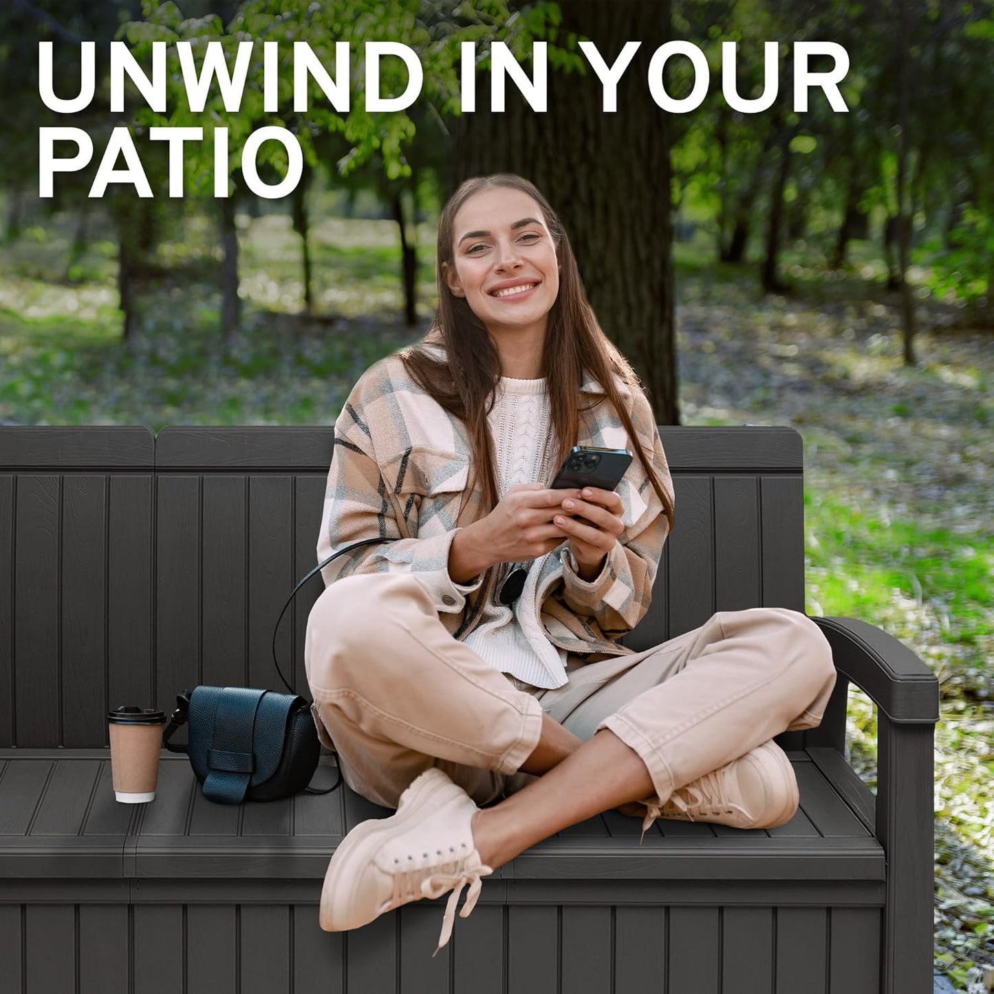 EconoHome 3 Seat Outdoor Storage Bench with Rain Cover - 90 Gallon Capacity - Weatherproof Resin Bench for Patio, Porch, Garden, Yard, Pool Area - Furniture for Pool Accessories, Gardening Tools