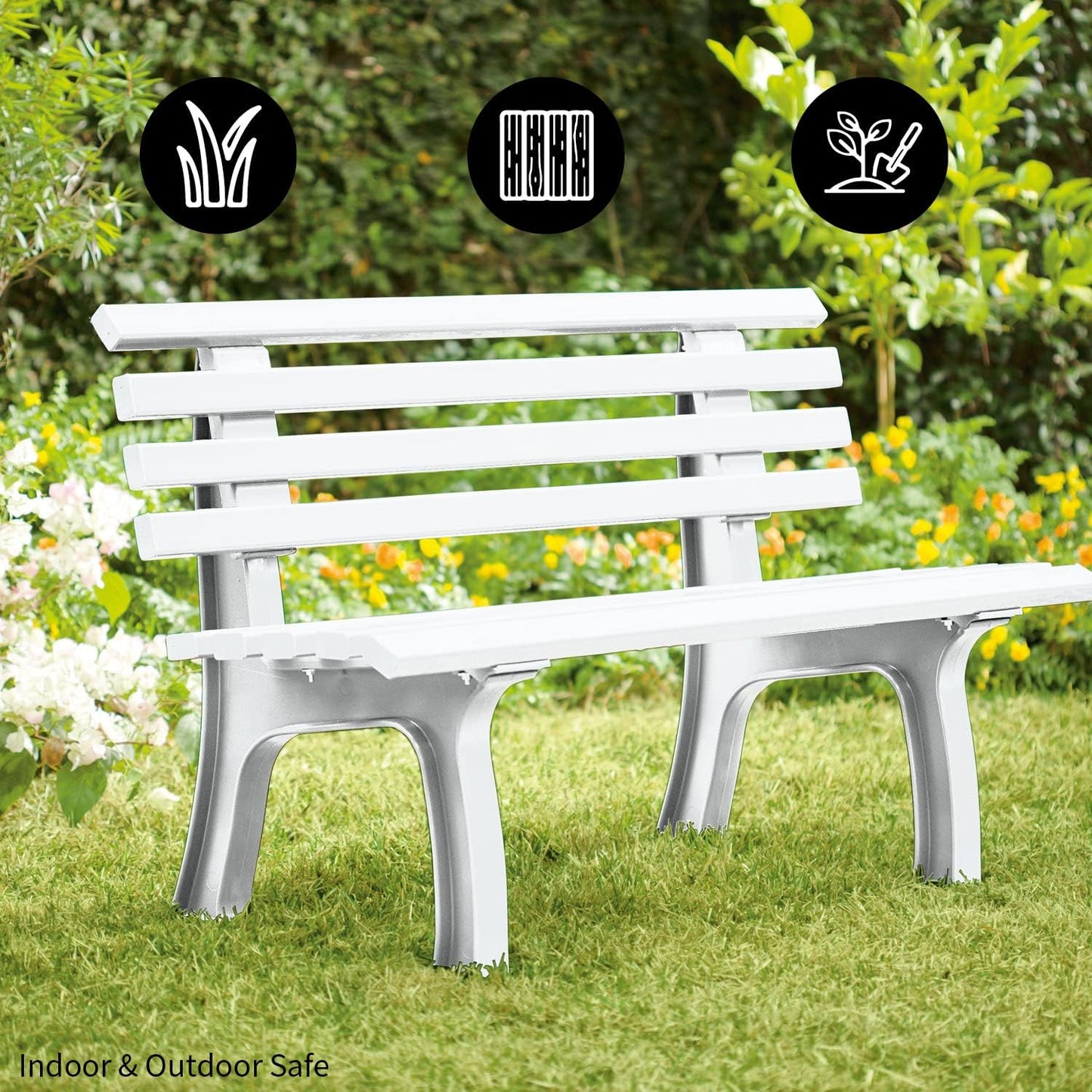 Plow & Hearth Weatherproof German PVC Outdoor Bench | Holds Up to 500 lbs | Garden Patio Porch Park Deck | Steel and Resin | White