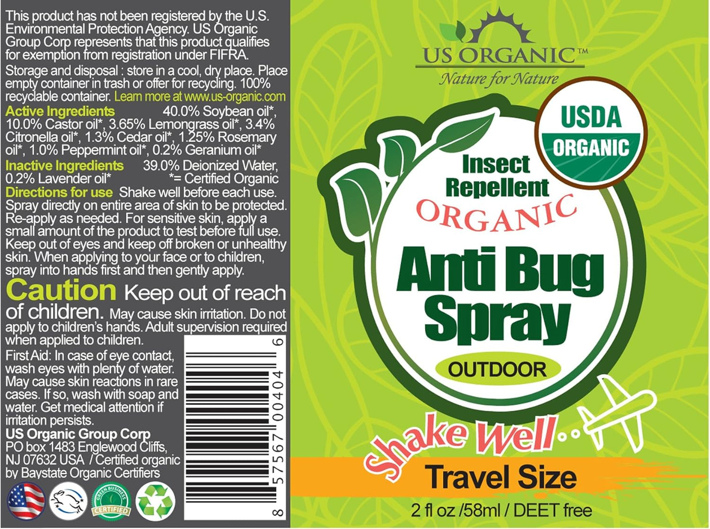 US Organic Mosquito Repellent Anti Bug Outdoor Pump Sprays, USDA Certification, Cruelty Free, Proven Results by Lab Testing, Deet-Free (2 oz Travel Size)