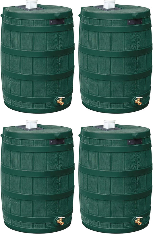 Good Ideas Rain Wizard Water Storage Premium Quality Collection Barrel with Brass Spigot, Safety Screen, and 50 Gallon Capacity, Green (4 Pack)