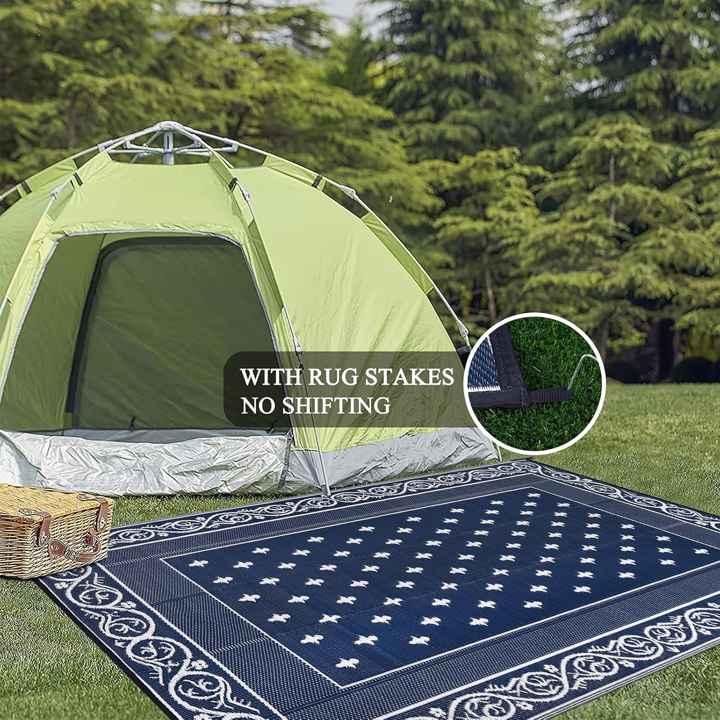 Pauwer Waterproof Outdoor Rug 6x9, Reversible Plastic Straw Patio Camping Rug, Indoor Outdoor RV Mat Carpet for Deck, Camper, Porch, Balcony, Backyard, Picnic, Bordered Navy