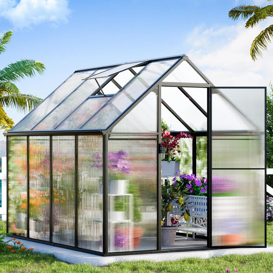 Polycarbonate Greenhouse, 8.2x6.2 FT Easy Assembly Aluminum Heavy Duty Greenhouses for Outdoors w/ Window, Swing Door, Walk-in Green House for Sunroom,Outside, Backyard, Garden, Black