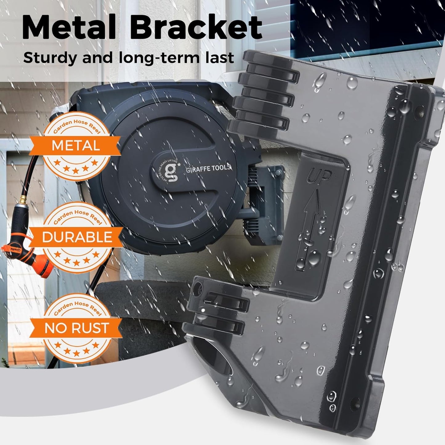 Giraffe Tools AW30 1/2MB Retractable Garden Hose Reel 1/2" x 100 ft PRO Metal Bracket, Heavy Duty, Any Length Lock Hose Reel, 100 ft, Dark Grey