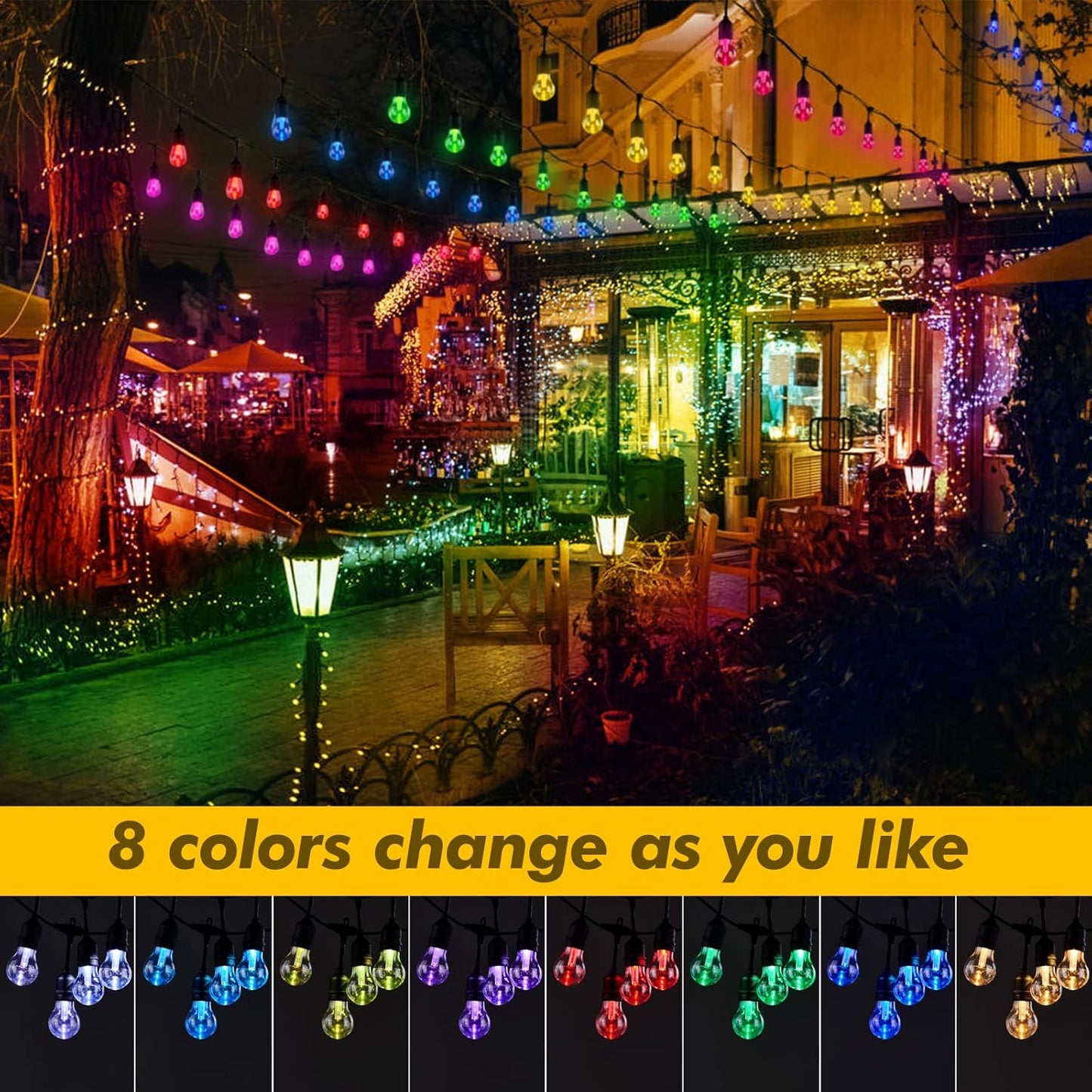 Auroraworld Outdoor String Lights RGB, 48FT Dimmable Patio String Lights with Shatterproof Edison Bulbs, Remote, Commercial Lights for Cafe, Patio, Yard, Party