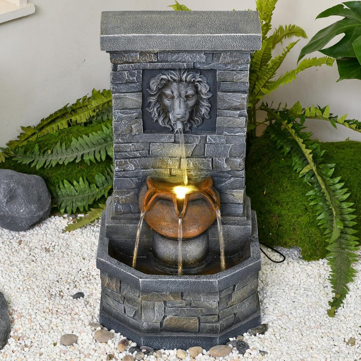 42'' Outdoor Garden Floor-Standing Water Fountain Lion Head Stone with Lights Outdoor Waterfall for Patio, Backyard, Deck, Porch and Home Art Decor