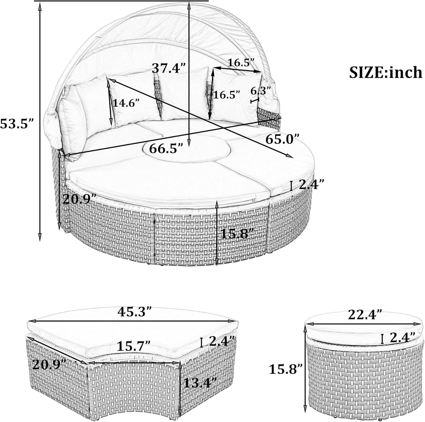 kevinplus Outdoor Daybed Patio Sunbed Round Sectional Sofa Couch Set with Retractable Canopy & Lift-Top Coffee Table, PE Rattan Material for Garden Backyard, Light Coffee