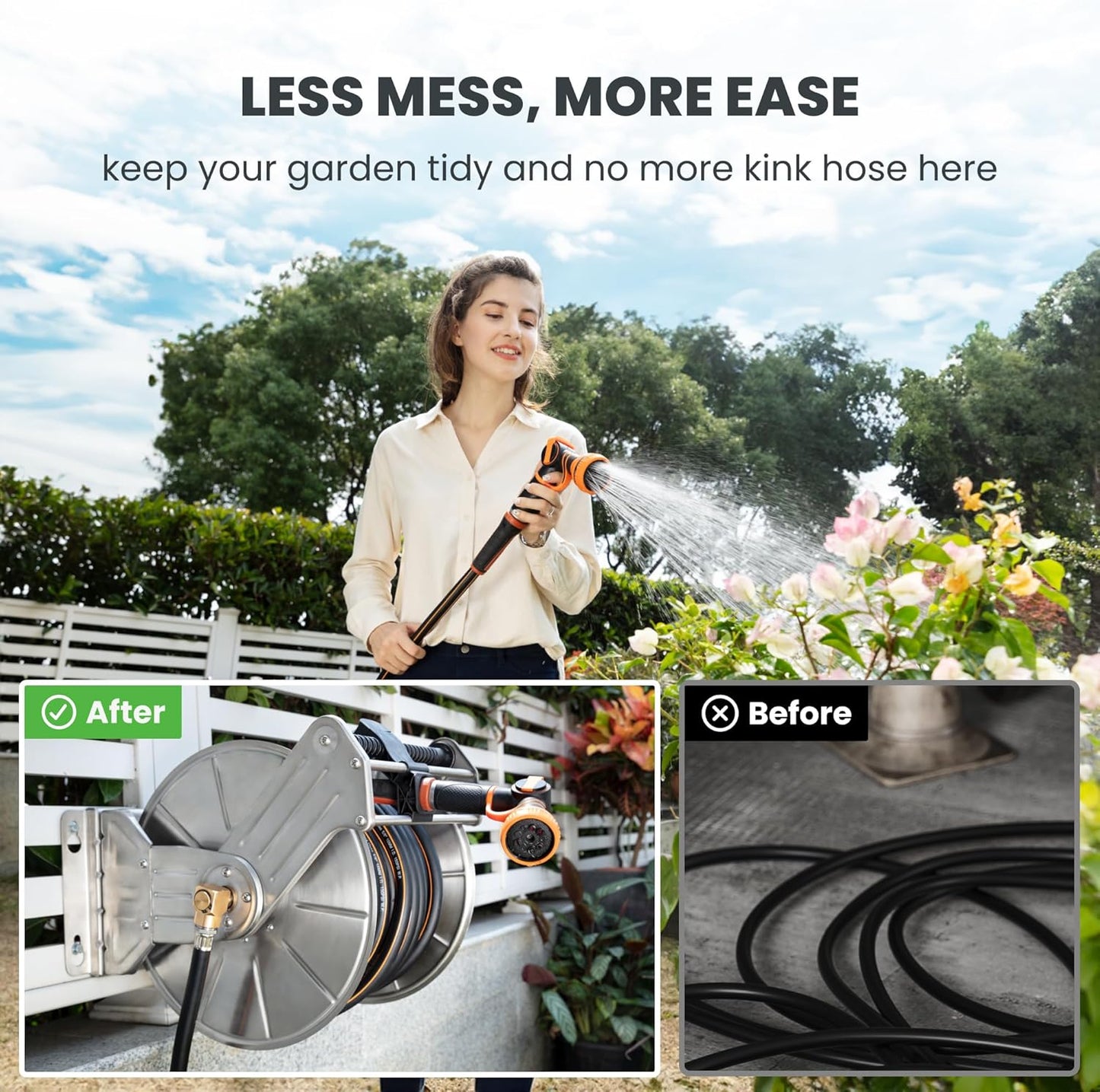 Giraffe Tools Stainless Steel Garden Hose Reel with 5/8" x 100 ft Heavy Duty Hose, Wall/Floor Mounted Metal Water Hose Reel with Crank Handle