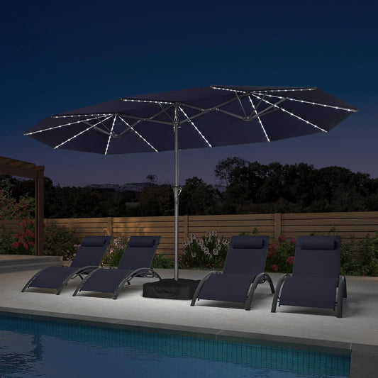 PURPLE LEAF 14ft Patio Umbrella with Solar Lights Outdoor Double-Side Market Umbrella with Base Included Rectangle Table Umbrella for Pool Garden Backyard, Navy blue