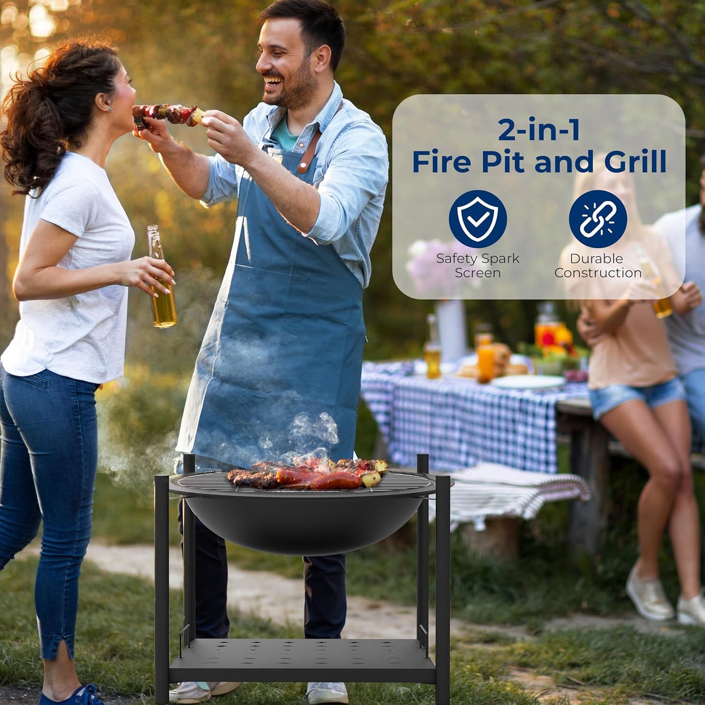 SereneLife Portable Outdoor Fire Pit - 2-in-1 Steel BBQ Grill and 26" Wood Burning Fire Pit Bowl with Mesh Spark Screen, Log Grate, Fire Poker, and Cover for Camping, Picnic, Bonfires