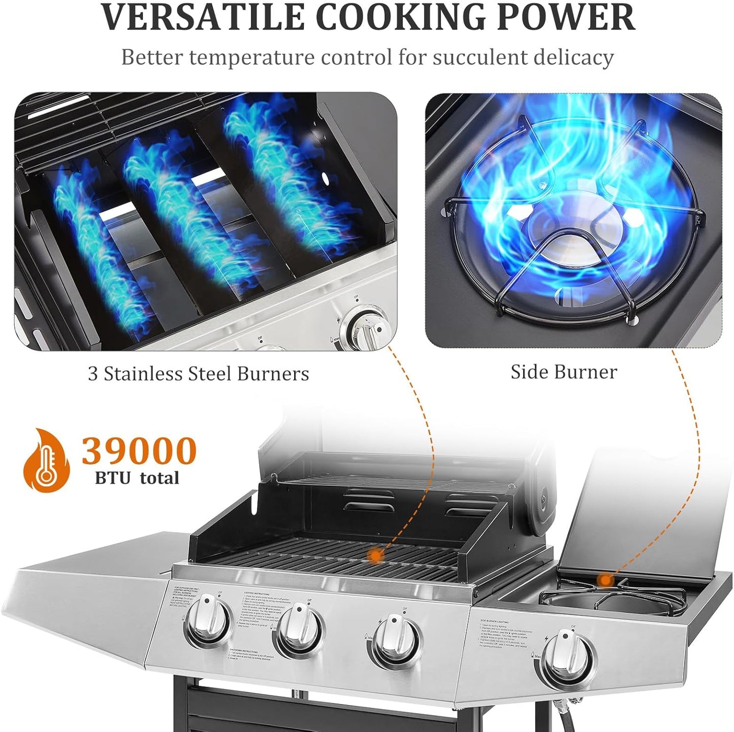 Unovivy 3-Burner Propane Gas BBQ Grill with Side Burner & Porcelain-Enameled Cast Iron Grates Built-in Thermometer, 39,000 BTU Outdoor Cooking, Patio, Garden Barbecue Grill, Black and Silver