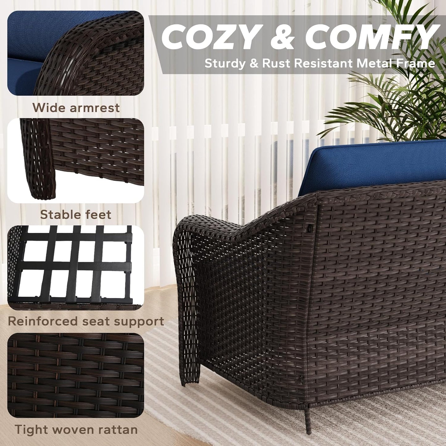 3 Pieces Patio sectional Sofa Set, Outdoor Conversation Furniture Set, 78" 3-Seat Couch with 2 Ottomans, 47" Metal Coffee Table, Rattan Wicker Sofa with Washable Cushions (Navy Blue)
