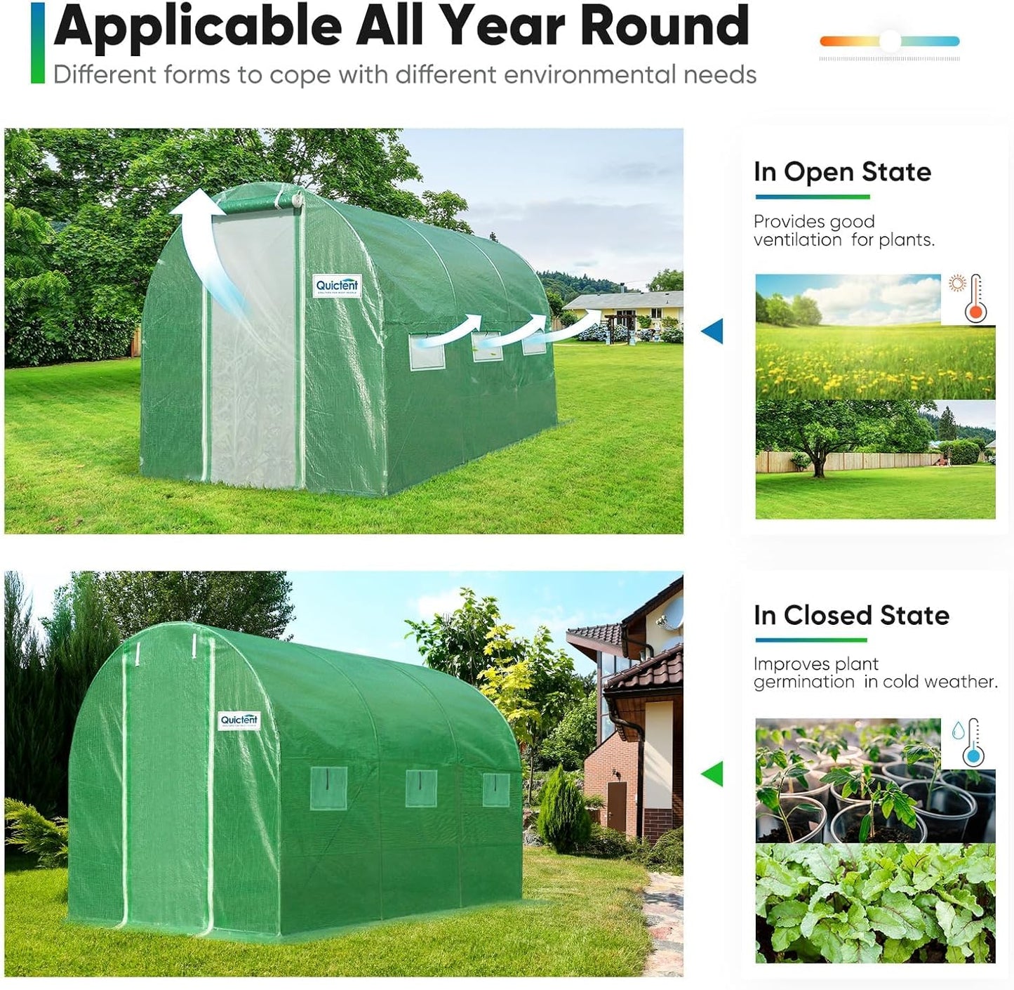 Quictent Premium Greenhouse for Outdoors, 10x6.6x6.6FT Upgraded Portable Walk-in Heavy Duty Frame Large Garden Plant Hot Outside Hoop House, 6 Ventilated Screen Window and Zipper Screen Door, Green