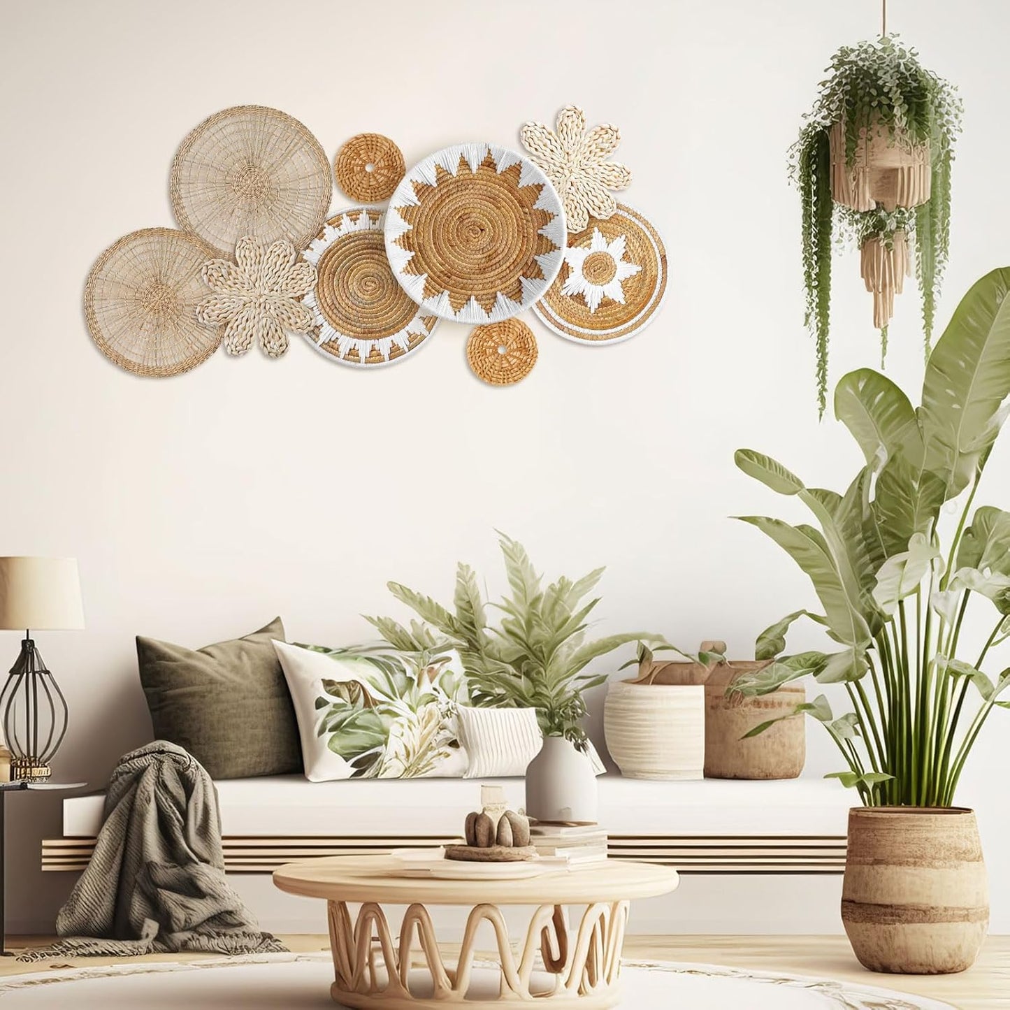 Xuhal Set of 8 Hanging Woven Wall Basket Handmade Decorative Rustic Boho Basket Decor Handcrafted Wicker Round Seagrass Wall Art for Home Kitchen Farmhouse Table Living Room