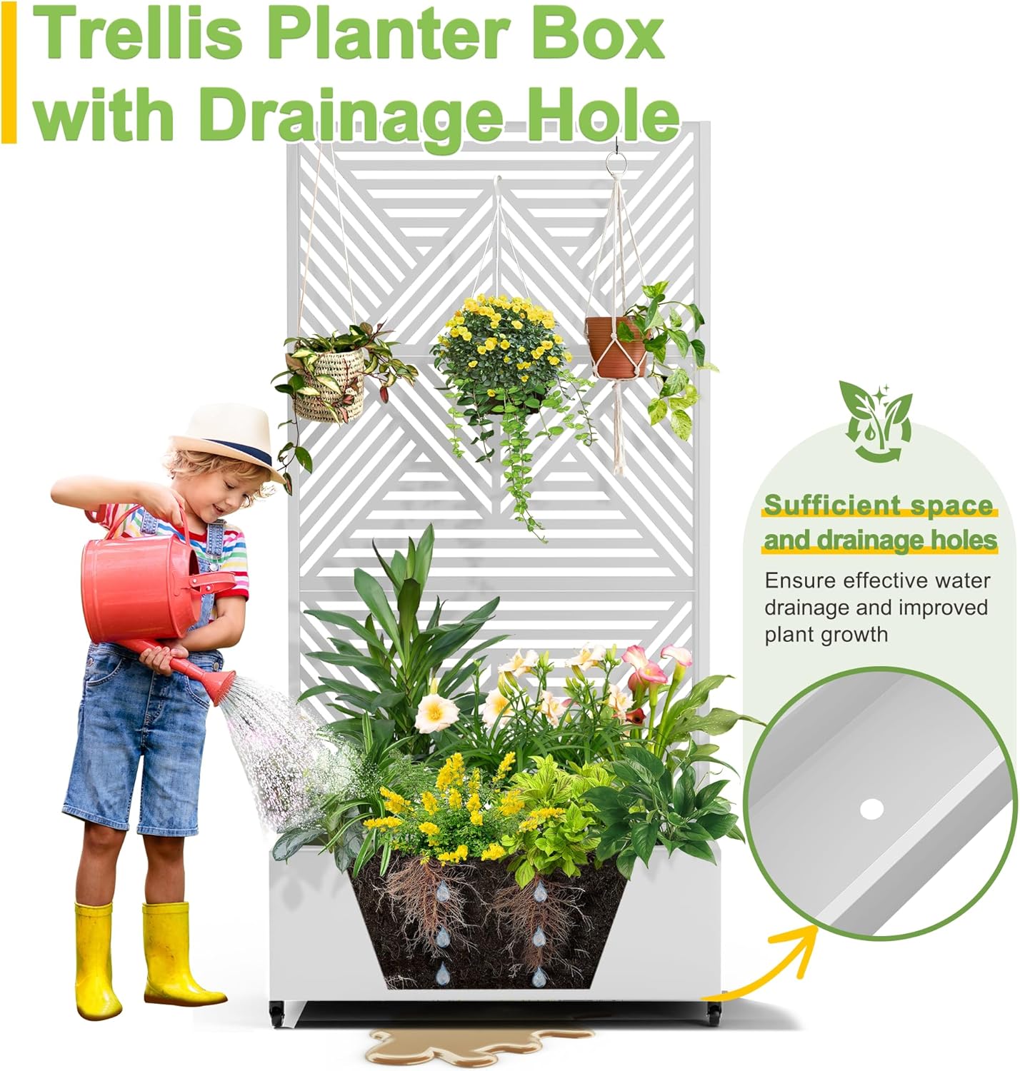 FENCY Metal Raised Garden Bed with Wheels and Trellis,73"x35"x16" Planter Box for Climbing Plants, Vegetables & Vines, Features Privacy Screen and Drainage Holes (White-Modern)