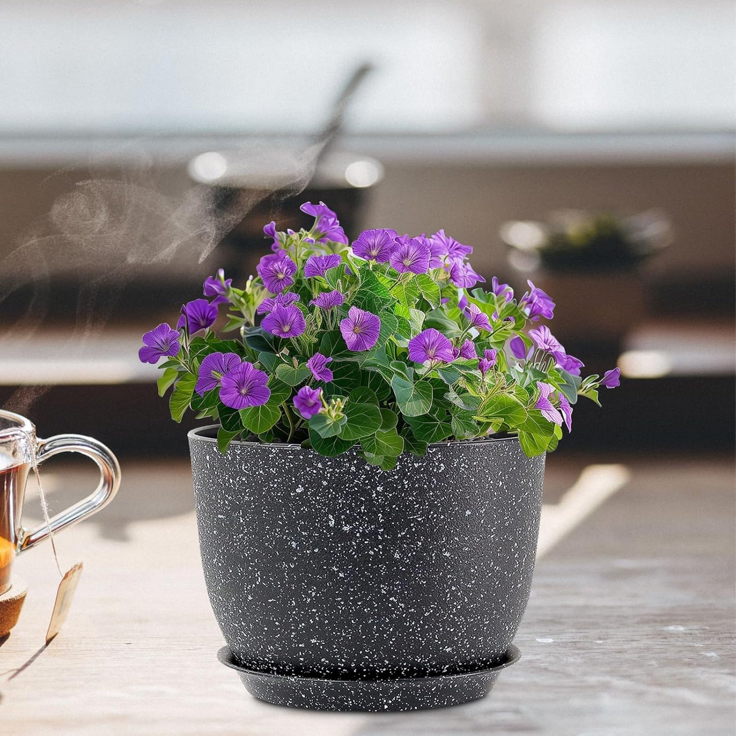 12 inch Big Plant Pots, Plastic Planters with Drainage Holes and Trays, Large Flower Pots for Indoor Outdoor Plants, Modern Decorative Pots for Garden House Plants, Speckled Black