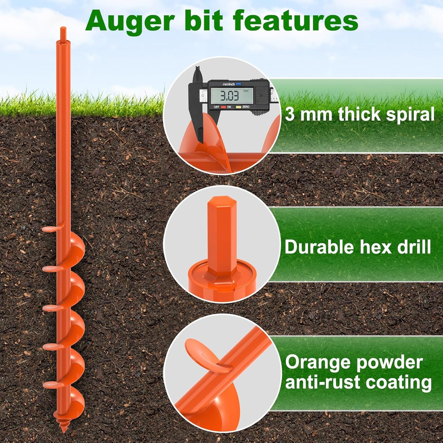 Auger Drill Bit for Planting 3''x32'' Garden Earth Auger 3mm Thicker Drill Augers for Digging Holes Heavy Duty Auger Post Hole Digger for Bulb, Flowers, Plants - Fits 3/8" Hex Drive Drill