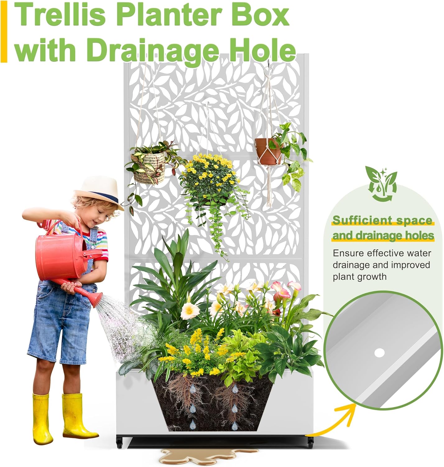 FENCY Metal Raised Garden Bed with Wheels and Trellis,73"x35"x16" Planter Box for Climbing Plants, Vegetables & Vines, Features Privacy Screen and Drainage Holes (White-Leaf-2)