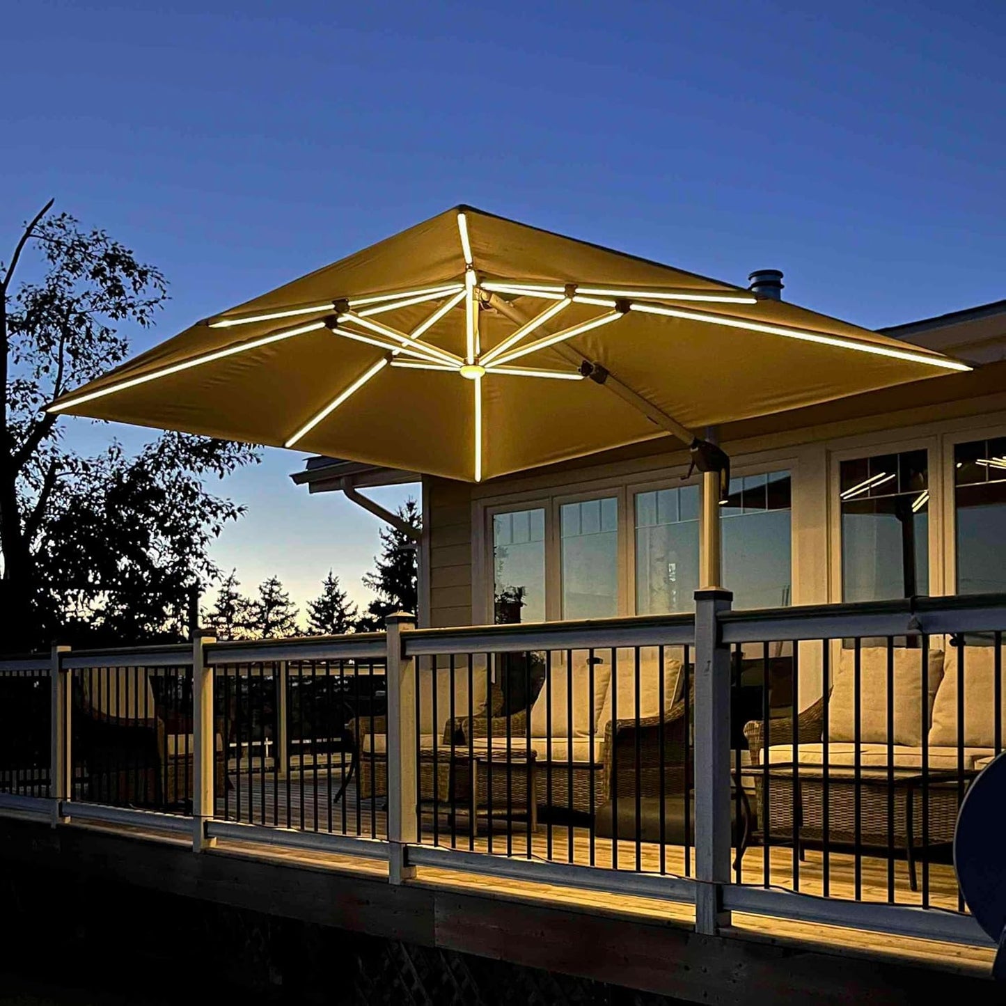 PURPLE LEAF 10 Feet Double Top Deluxe Solar Powered LED Square Patio Umbrella Offset Hanging Umbrella Outdoor Market Umbrella Garden Umbrella, Beige