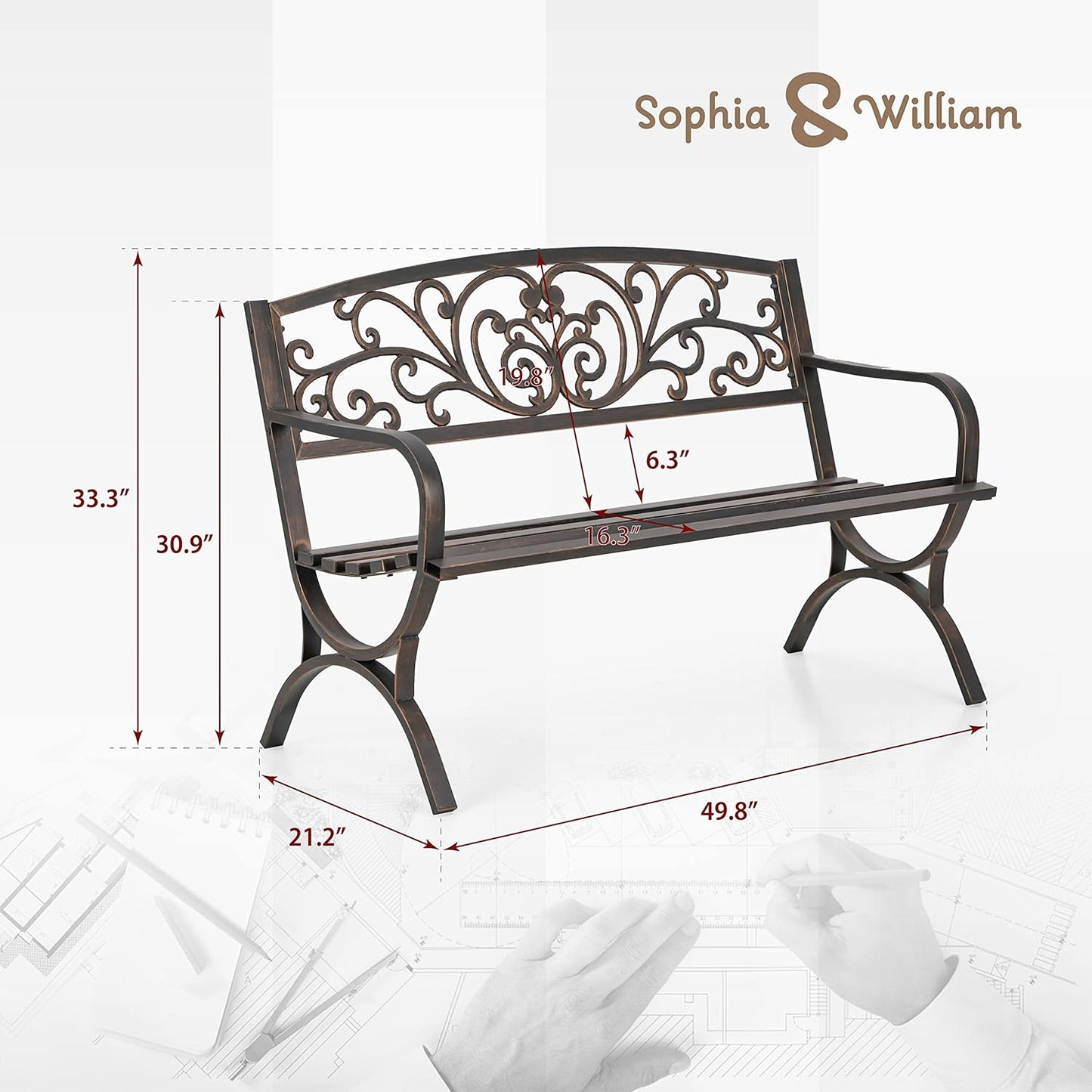 Sophia & William Metal Outdoor Bench, 50" Outdoor Garden Bench Patio Park Bench, Cast Iron Park Benches for Outside with Floral Design Backrest, Bronze