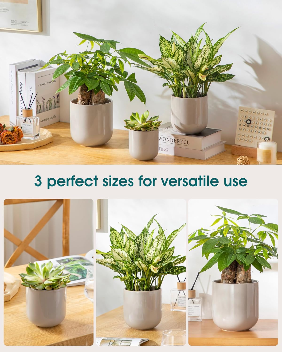 vancasso Ceramic Plant Pots, 4+5+6 inches, Set of 3, Planters with Drainage Hole, Flower Pots Planters Pots for Indoor Plants, Modern Indoor Decorative Garden Pot, Home Decor, Gray