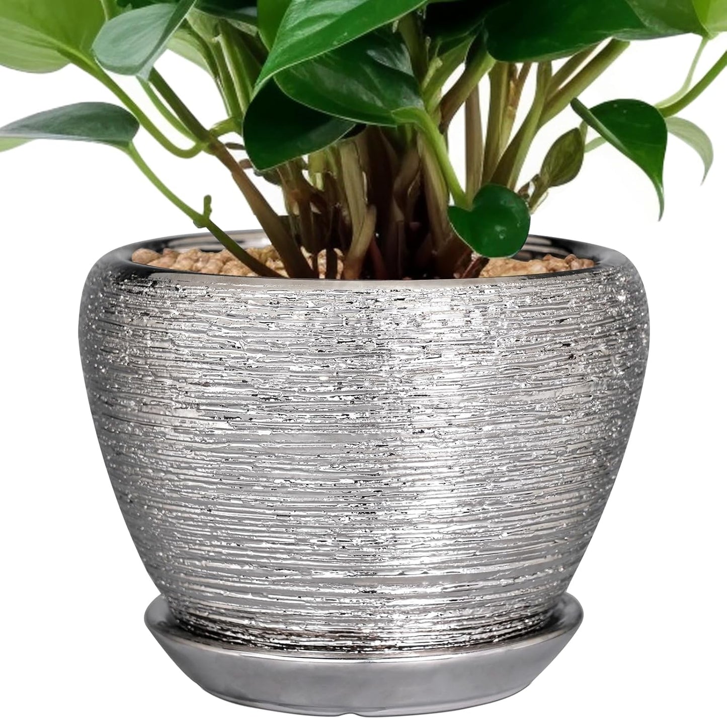 Ceramic Planter - 6 Inch Plant Pot Indoor with Drainage Hole and Saucer Outdoor Pot for Plants Round Decorative Planter Modern Mid-Century Flower Pot for Office Decor Silver