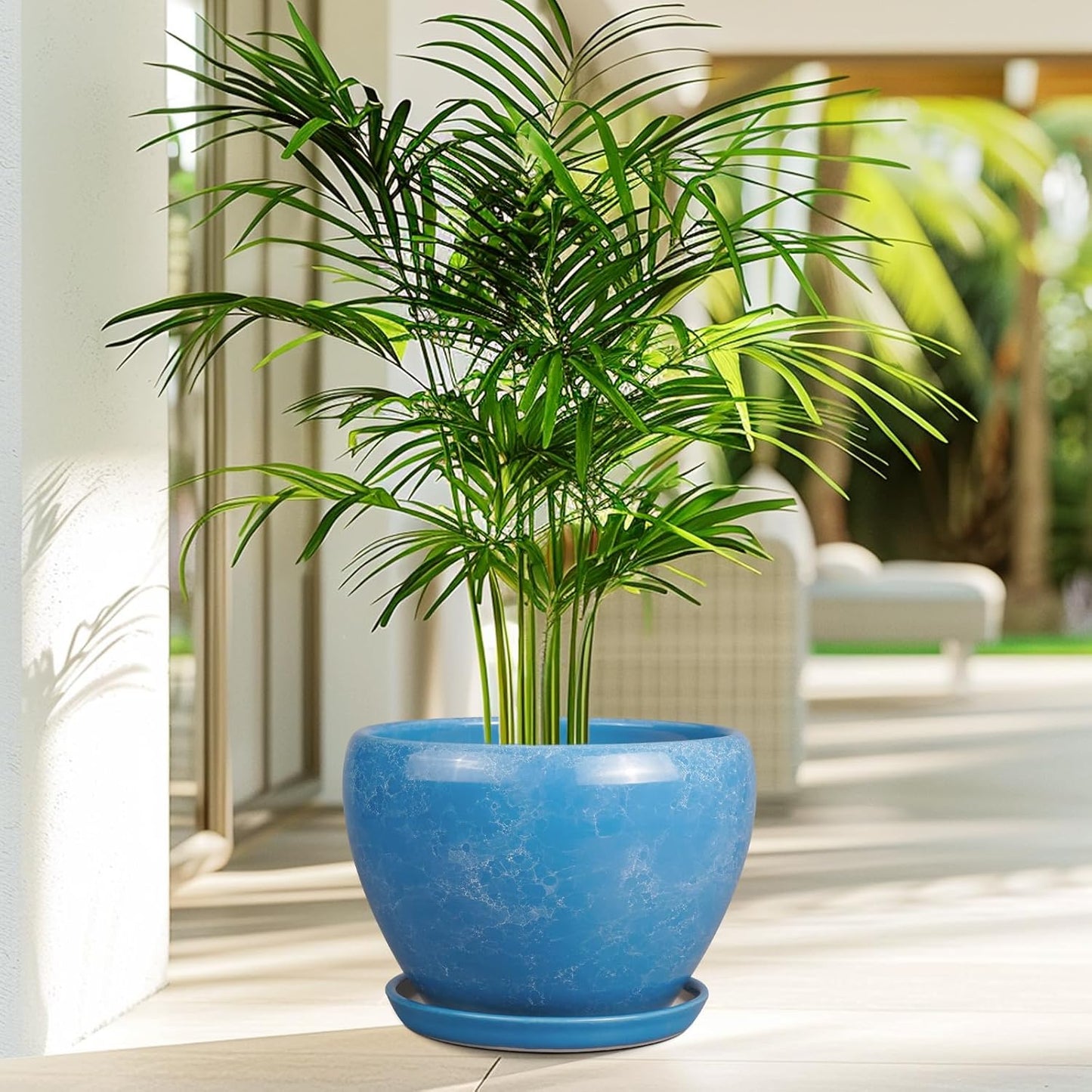 10 Inch Planter Pot - Ceramic Pots for Plants with Drainage Hole and Saucer, Round Large Flower Pot for Indoor Plants, Blue