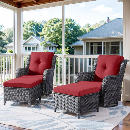 4 Pieces Patio Furniture Sets, Wicker Patio Swivel Glider Chair with Ottomans, Outdoor Furniture Set for Outside Porch, Deck, Balcony, Garden