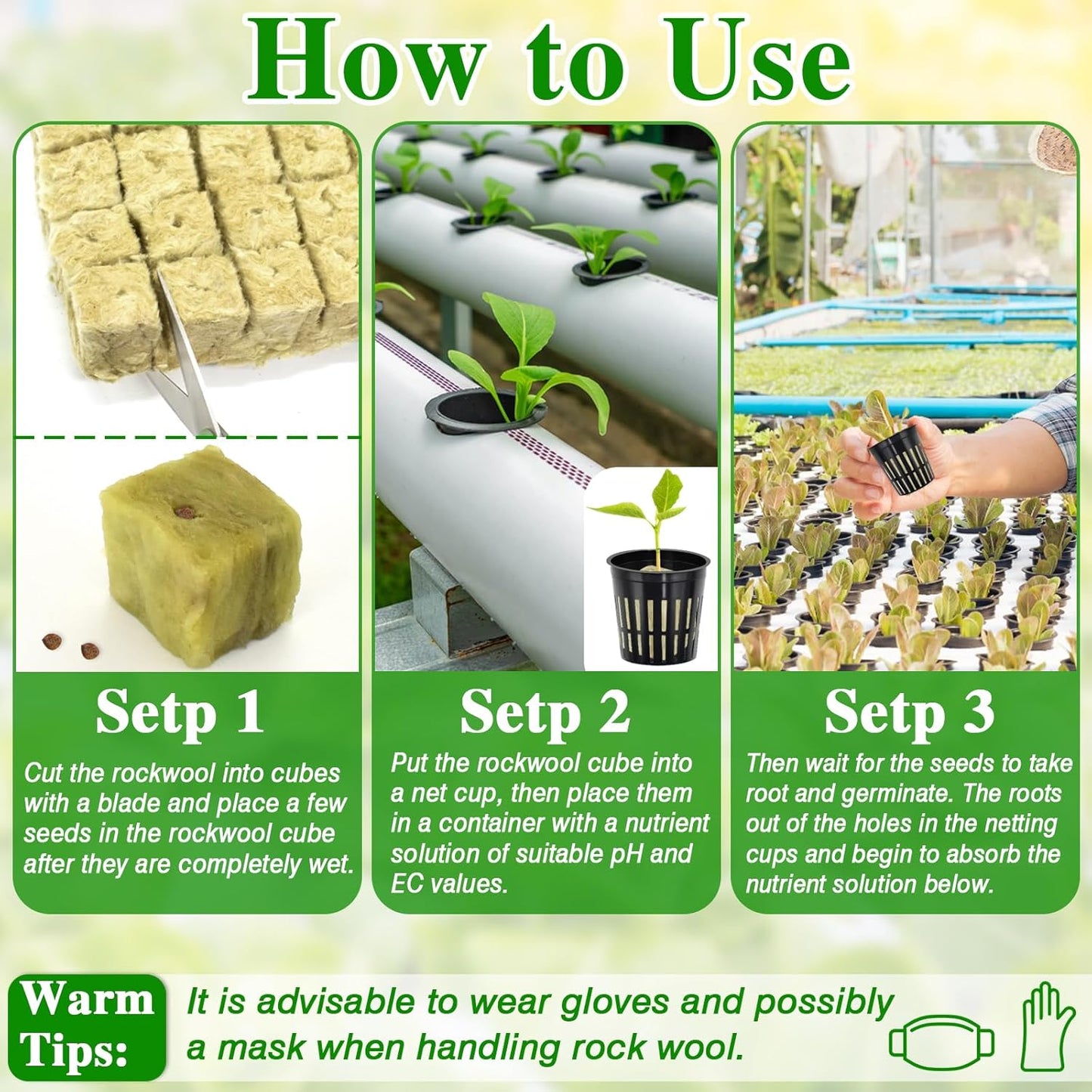 Halatool 48 x 2-Inch Rockwool Cubes & 48 x 3-Inch Net Cups - Hydroponics Starter Kit for Plants Cloning, Seed Starting, and Patio Gardening - Durable, Effective, Great Gift Option