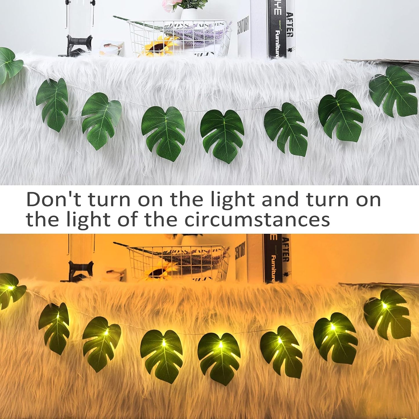 RECUTMS 20LED Monstera Leaf String Lights, Tropical Artificial Rattan Palm Leaves Wall Hanging Vine Greenery,Summer Decorations for Outdoor Indoor Hawaiian Luau Jungle Beach Theme Party Table Home
