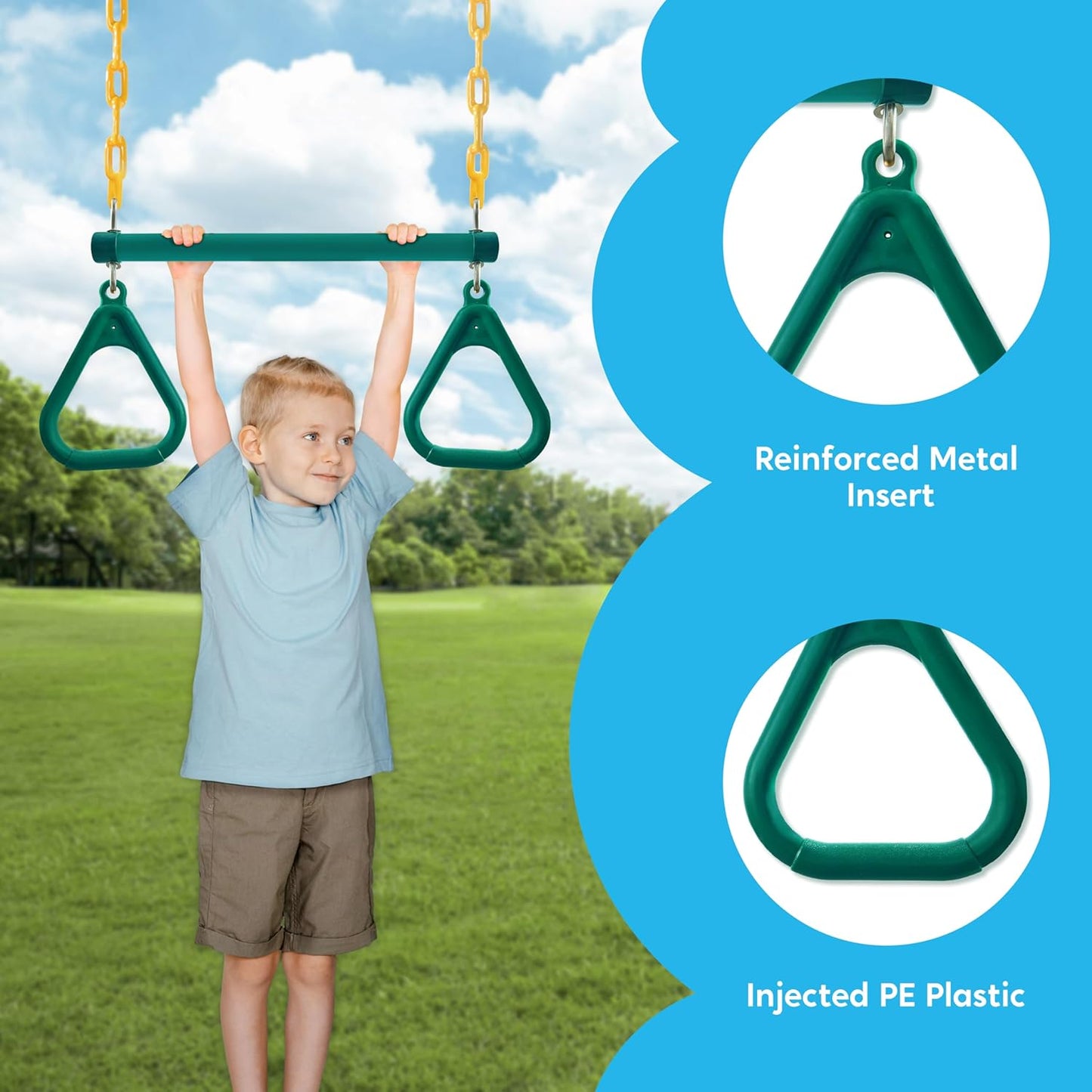 TURFEE 3 Pack Assorted Swing Set, Including 1 Gym Rings Trapeze Bar and 2 Pcs Swings with Plastic Coated Chain, Swingset Accessories Replacement for Kids Outdoor Play, Playground- Green