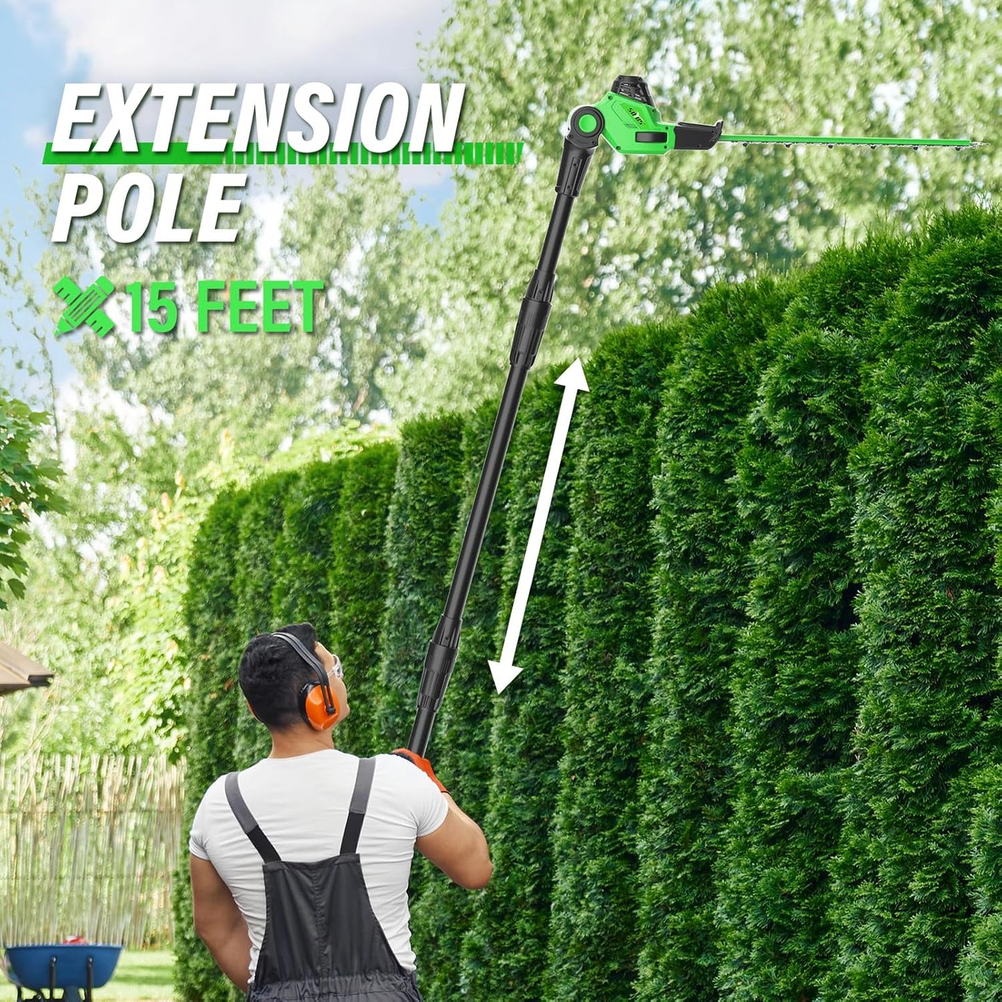 SOYUS Pole Hedge Trimmer Cordless, 18-inch Electric Hedge Trimmer with Extension Pole, 15-Foot Max Reach, Multi-Angle, 2.0Ah Battery and Charger Included
