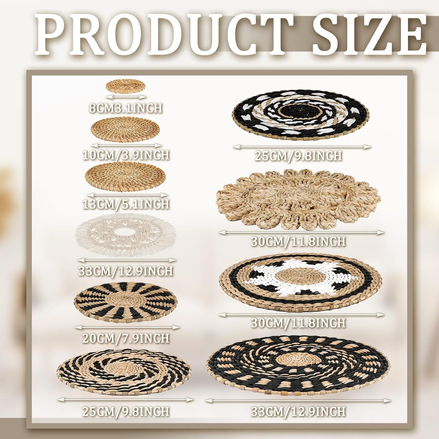 Tatuo 11 Pcs Boho Wall Basket Decor Decorative Bulrush Woven Basket Wall Decor Art Round Farmhouse Hanging Baskets for Kitchen Rustic Home Summer Decorations, Multi Sizes(Boho)