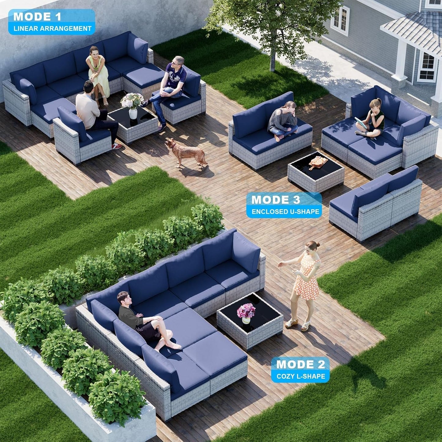 9-Piece Patio Furniture Set, Outdoor Sectional with Ottomans, Modular Patio Sofa, Dual-Strand Wicker Rattan, Rust-Resistant Frame, Backyard Furniture for Garden, Deck, Navy Blue